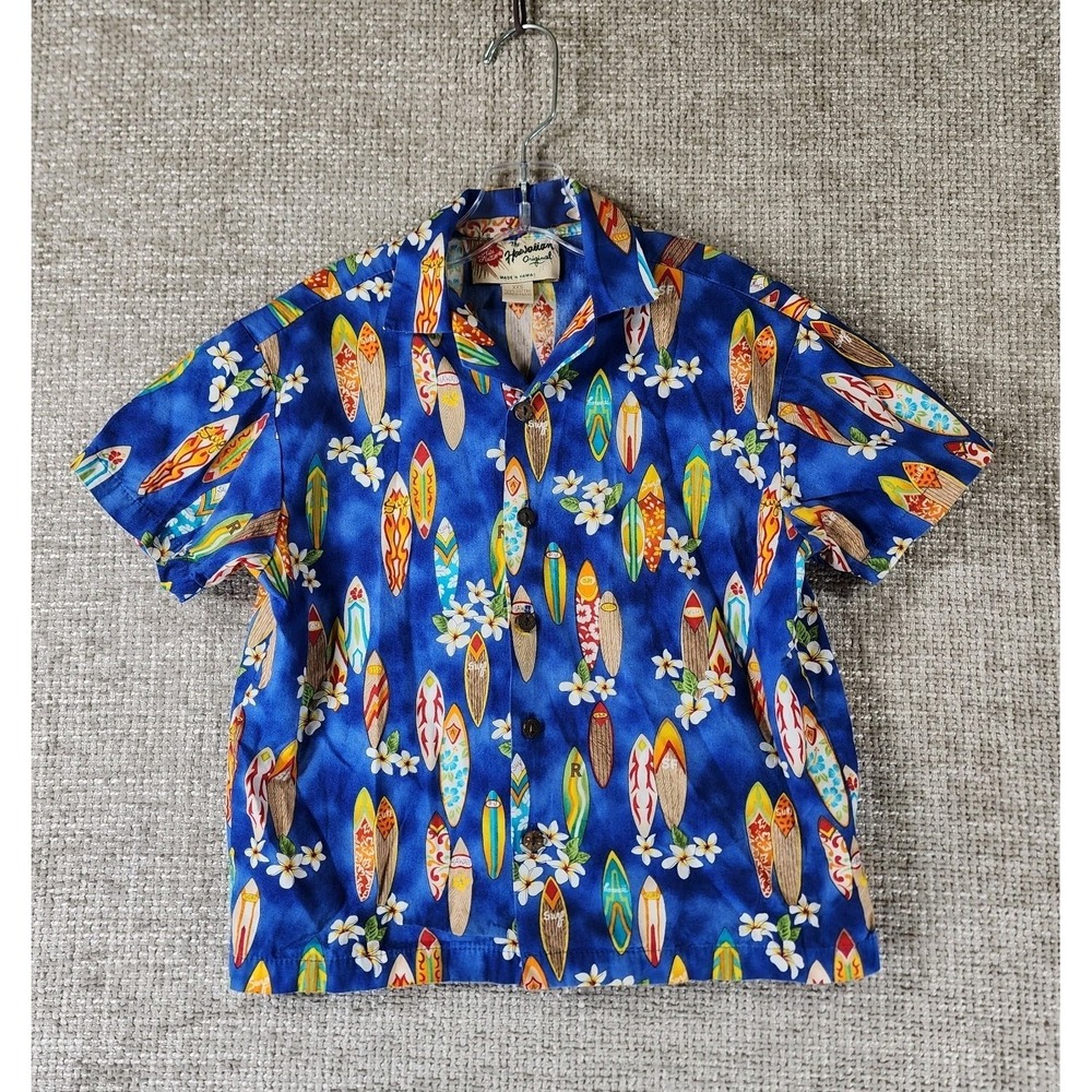 Hilo Hattie Hawaiian Shirt Youth XXS Blue Floral Surfboards Beach USA Made